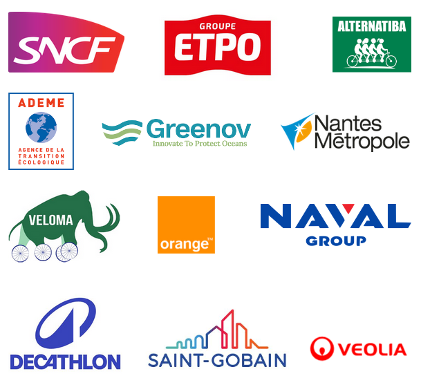 SNCF, Groupe ETPO, Alternatiba, Ademe, Greenov, Nantes Métropole, Naval Group, Veloma, orange, Décathlon, Saint Gobain, Veolia