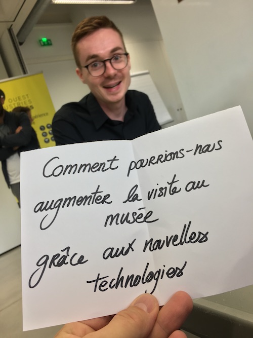 One hand holds a piece of paper on which is written: How can we use new technologies to increase the number of visitors to museums?